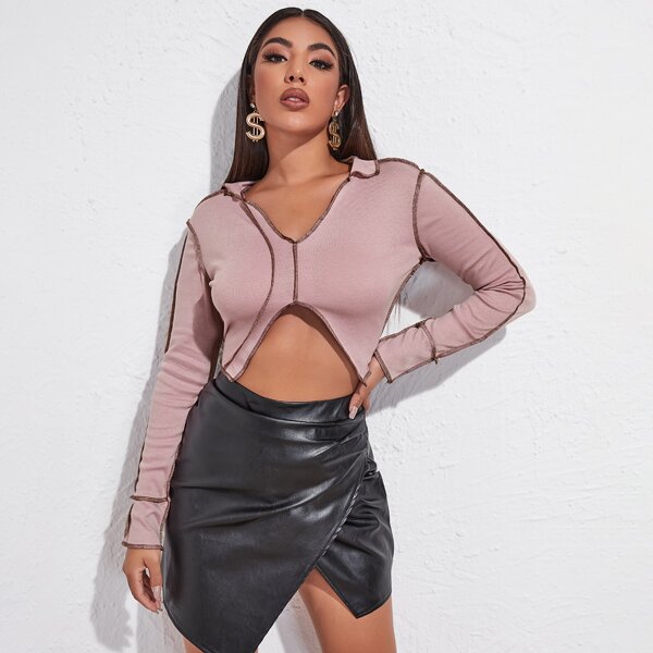 

Stitch Trim Asymmetrical Hem Crop Tee, Dusty pink