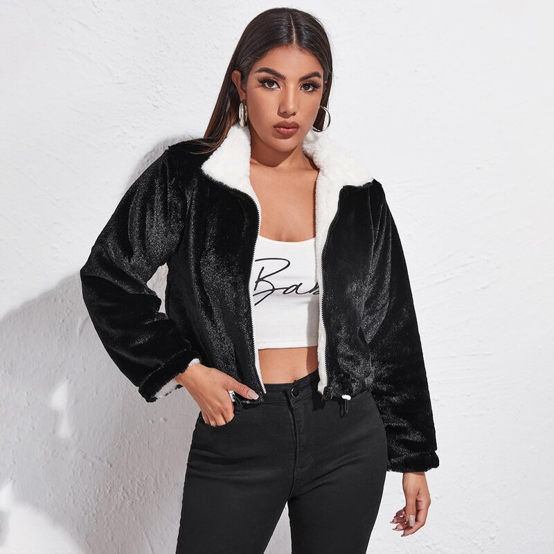 

Zip Up Teddy Lining Faux Fur Coat, Black