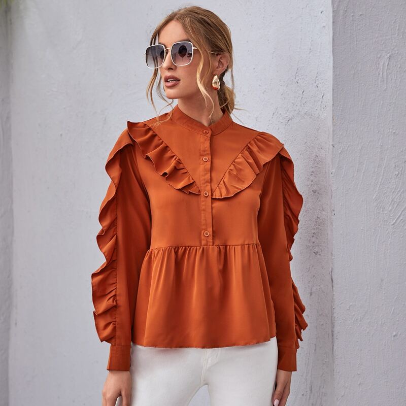 

Mock Neck Ruffle Trim Half Button Peplum Top, Bright burnt orange