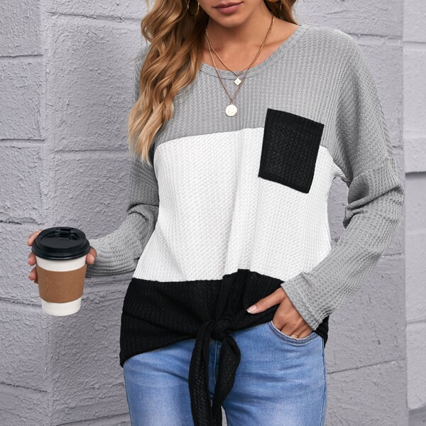 

Drop Shoulder Patch Pocket Colorblock Tie Hem Waffle Knit Tee, Multicolor
