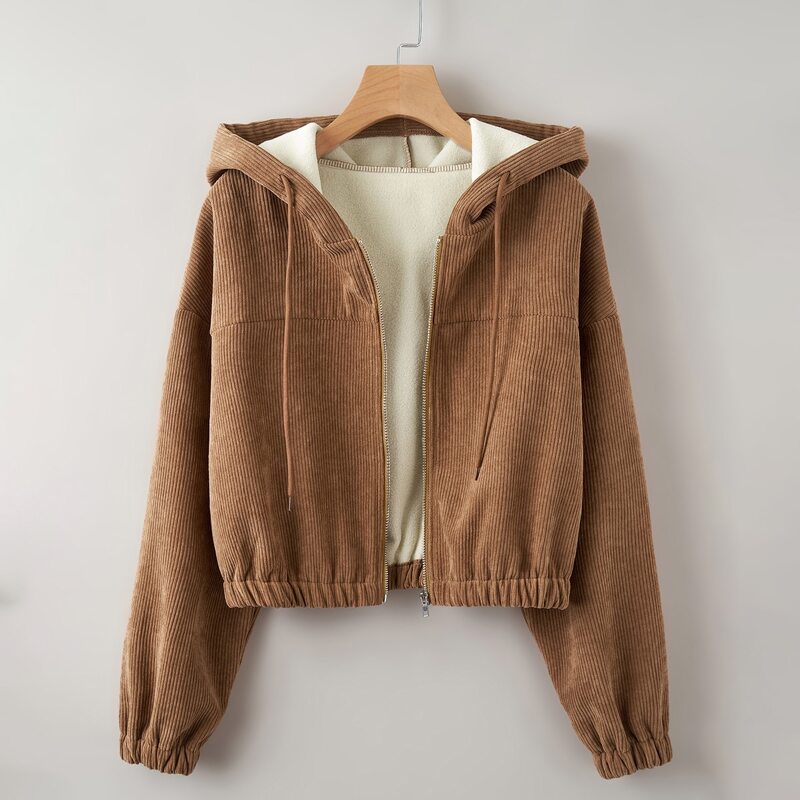 

Corduroy Zip Up Drawstring Jacket, Coffee brown