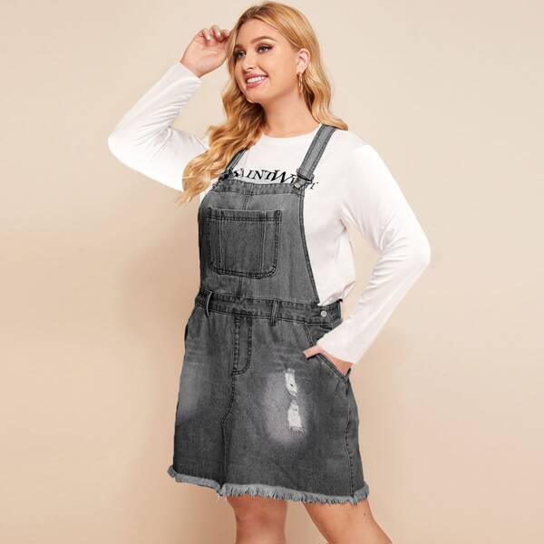 

Plus Bleach Wash Ripped Raw Hem Overall Denim Dress, Grey