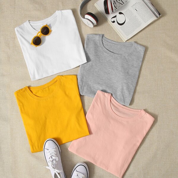 

4pcs Round Neck Solid Tee, Multicolor