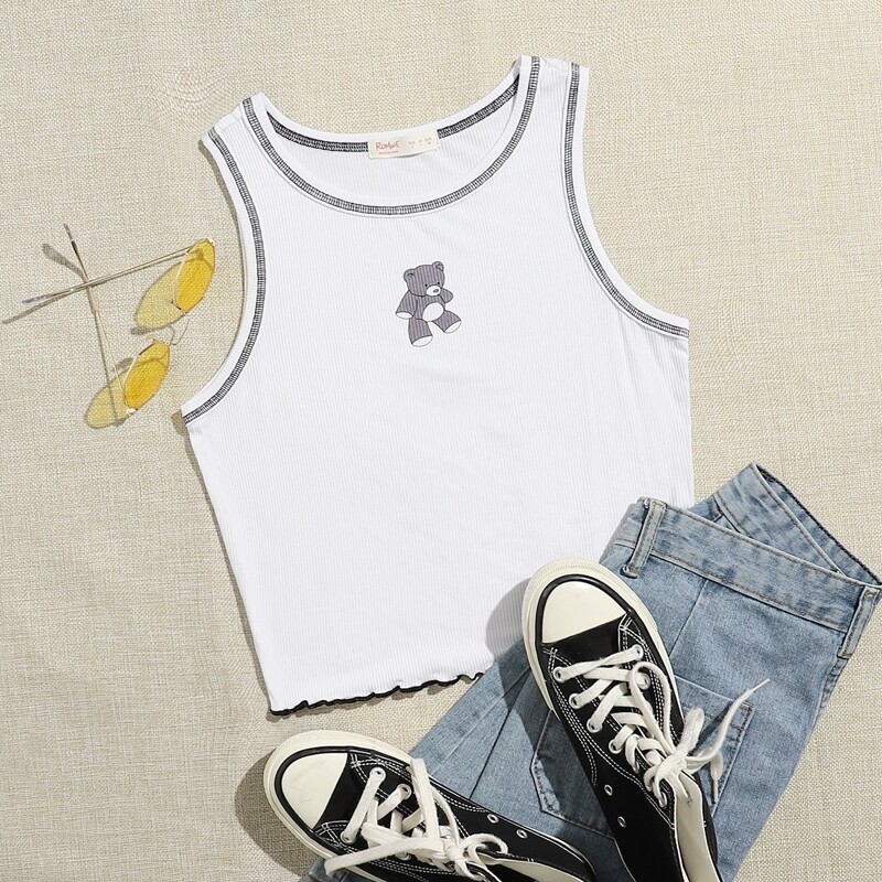 

Cartoon Bear Contrast Stitching Tank Top, White