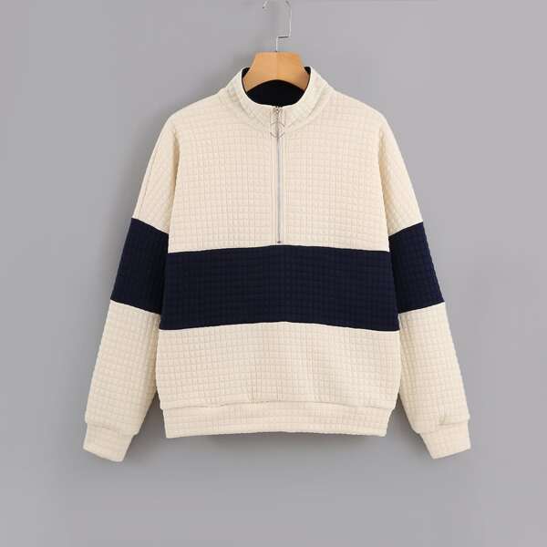 

Colorblock Waffle Knit Zip Half Sweatshirt, Beige