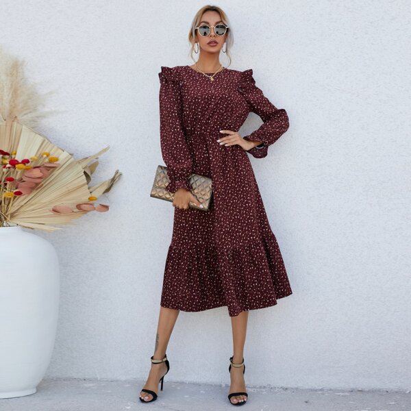 

Ruffle Hem Flounce Sleeve Ditsy Floral Dress, Maroon