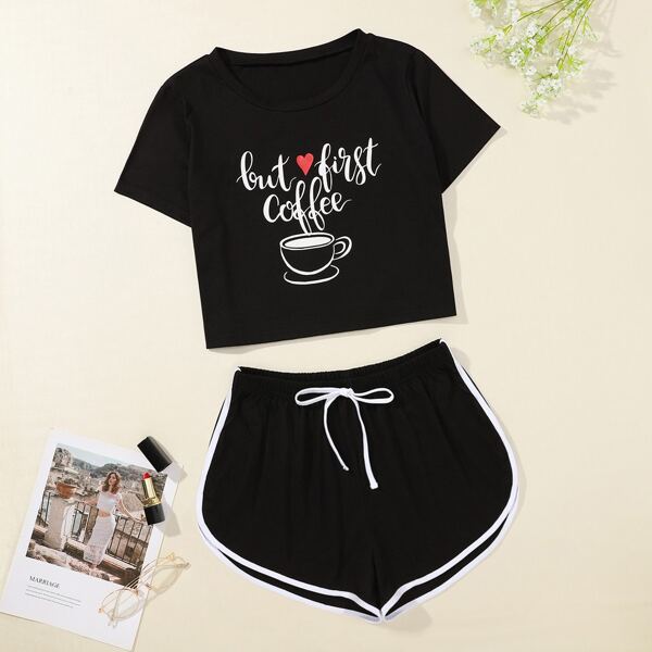 

Letter And Heart Print Knot Front Pajama Set, Black