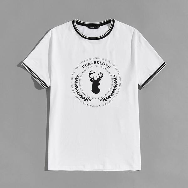 

Men Contrast Striped Letter & Antler Print Tee, White