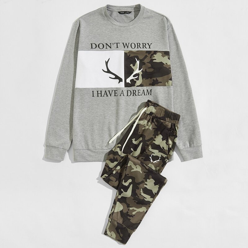 

Guys Slogan Graphic Camo Panel Pullover and Joggers Set, Multicolor