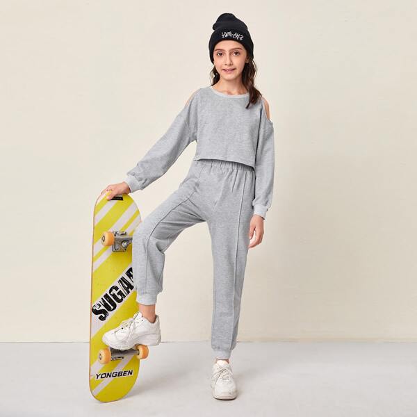 

Girls Cold Shoulder Crop Top & Pocket Side Pants Set, Light grey