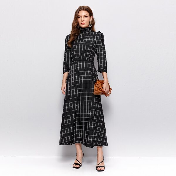 

High Neck Grid Dress, Black
