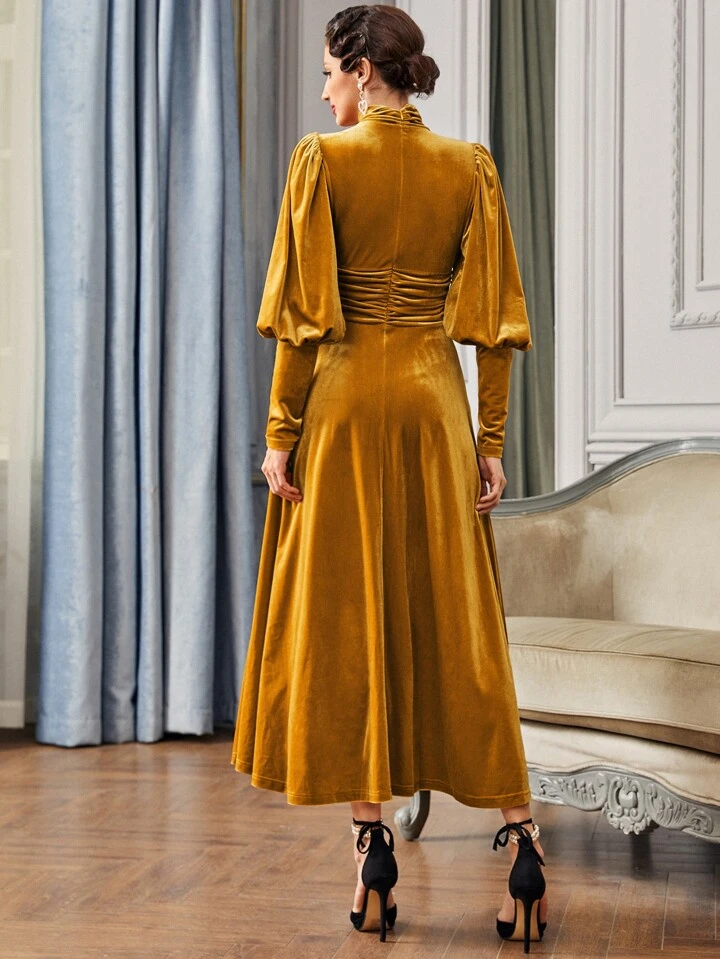 SHEIN Gigot Sleeve Ruched Waist Velvet Dress SHEIN
