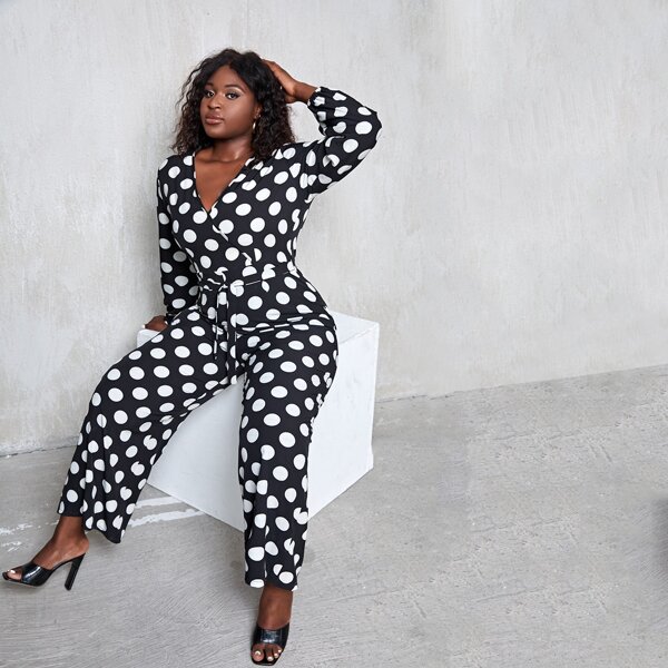 

Plus Polka Dot Surplice Neck Belted Jumpsuit, Black and white