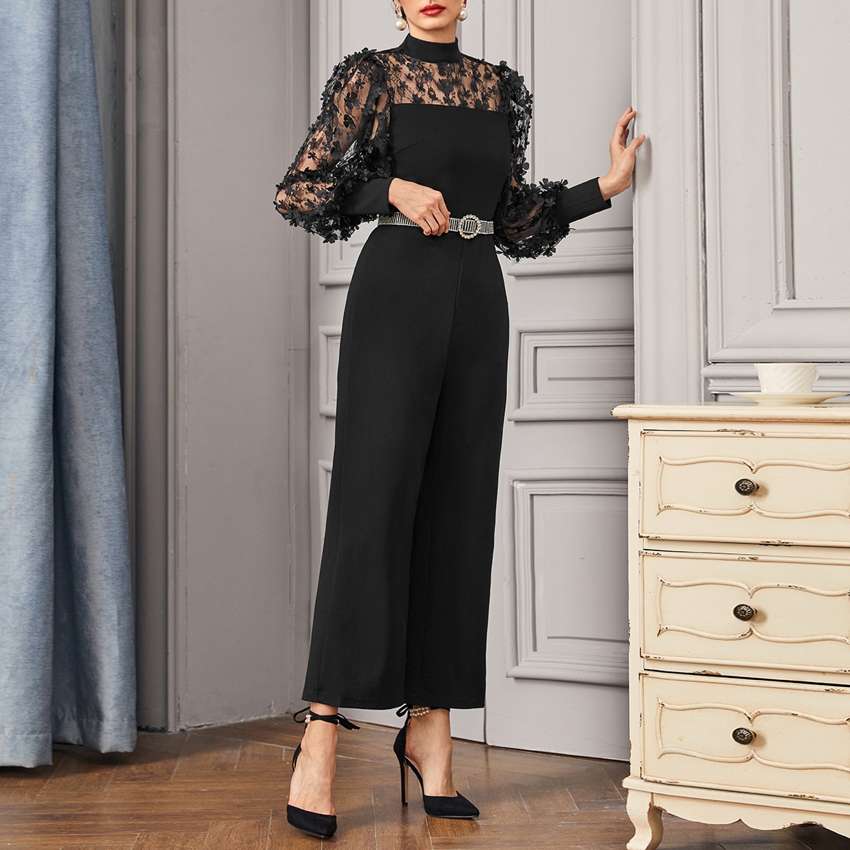 Image of Applique Mesh Yoke Lantern Sleeve Jumpsuit Without Belt