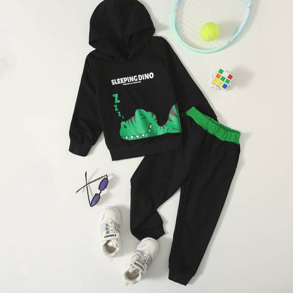 

Toddler Boys Cartoon Dinosaur Print Hoodie & Sweatpants, Black