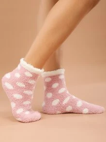 波卡圓點圖案毛絨襪子 - 淺粉色 - 查看 1