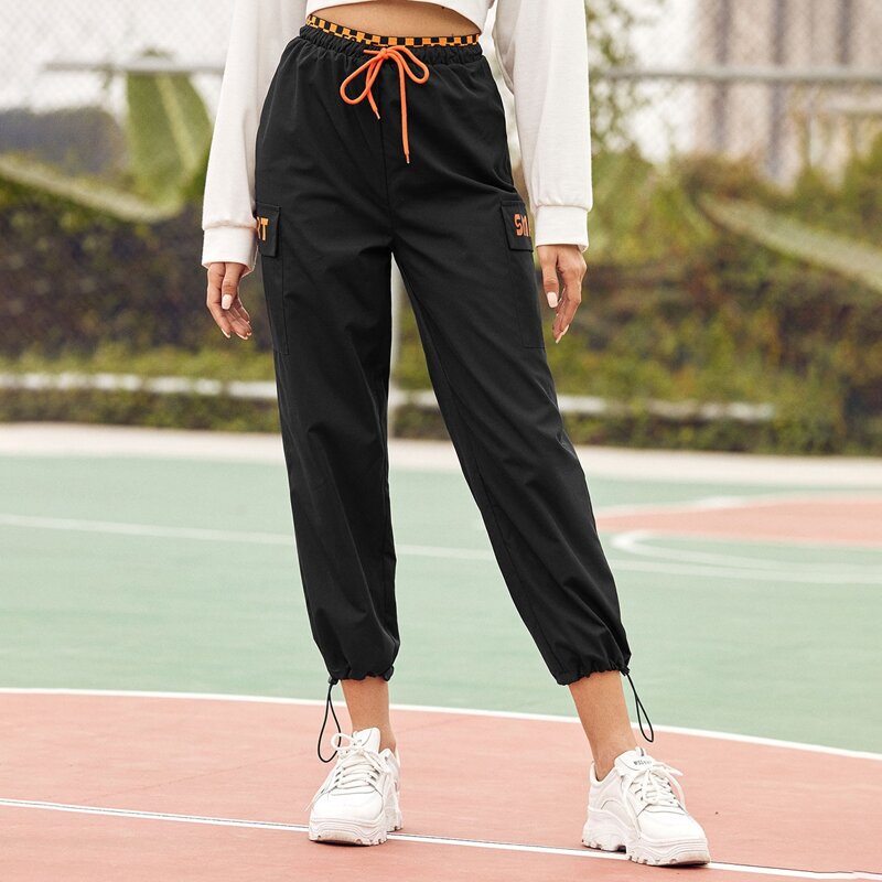 

Checkered Panel Drawstring Waist and Hem Cargo Pants, Black