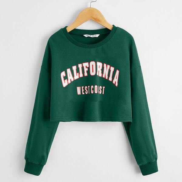 

Girls Drop Shoulder Letter Graphic Crop Pullover, Dark green