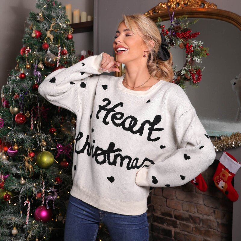 

Drop Shoulder Heart and Letter Sweater, White