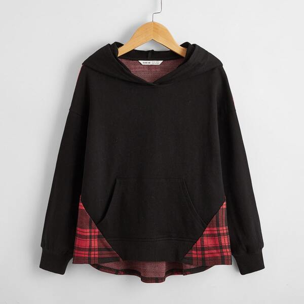 

Girls Drop Shoulder Pocket Front Plaid Panel Hoodie, Multicolor