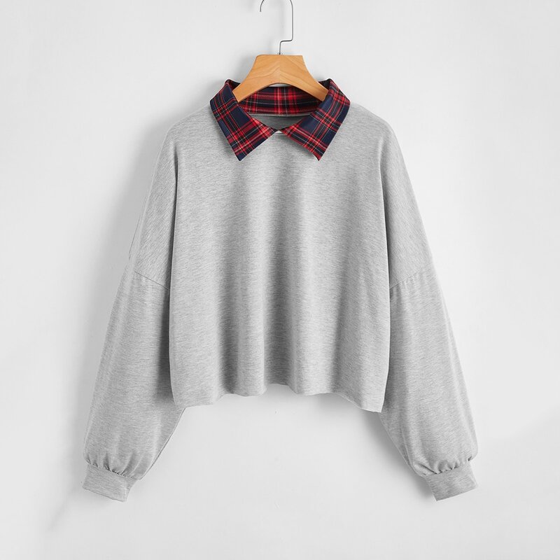 

Contrast Tartan-Collar Oversized Tee, Light grey