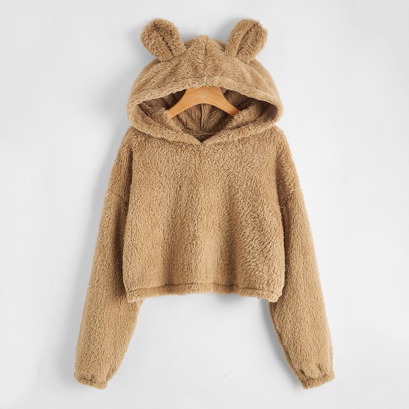

3D Ears Solid Teddy Hoodie, Brown