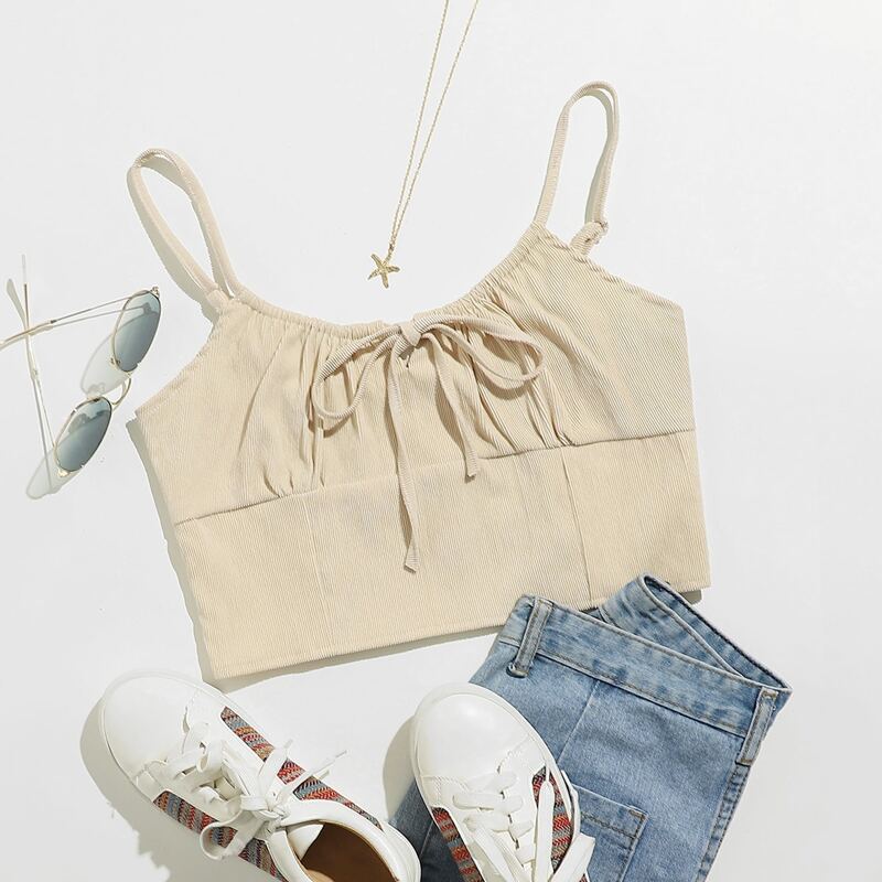 

Tie Front Ruched Crop Cami Top, Beige