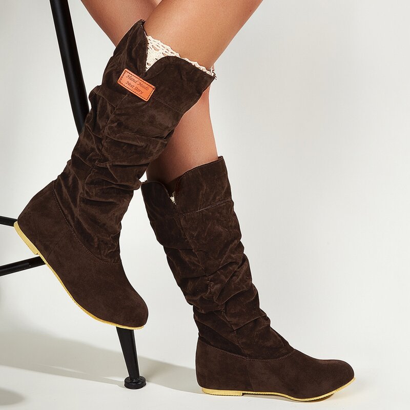 

Round Toe Suede Mid Calf Boots, Brown
