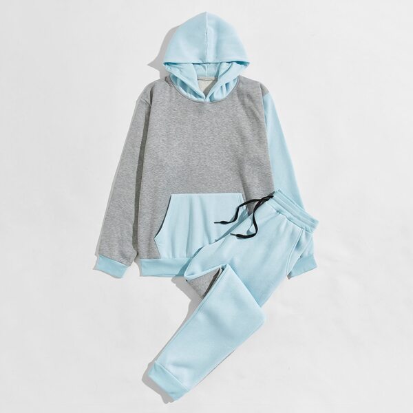 

Men Color-block Kangaroo Pocket Hoodie & Sweatpants, Multicolor