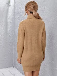 Ribbed Turtleneck Mini White Sweater Dress - Camel - View 2