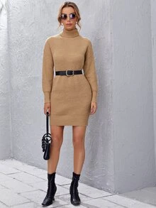 Ribbed Turtleneck Mini White Sweater Dress - Camel - View 3