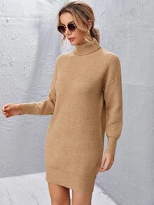 Ribbed Turtleneck Mini White Sweater Dress - Camel - View 4