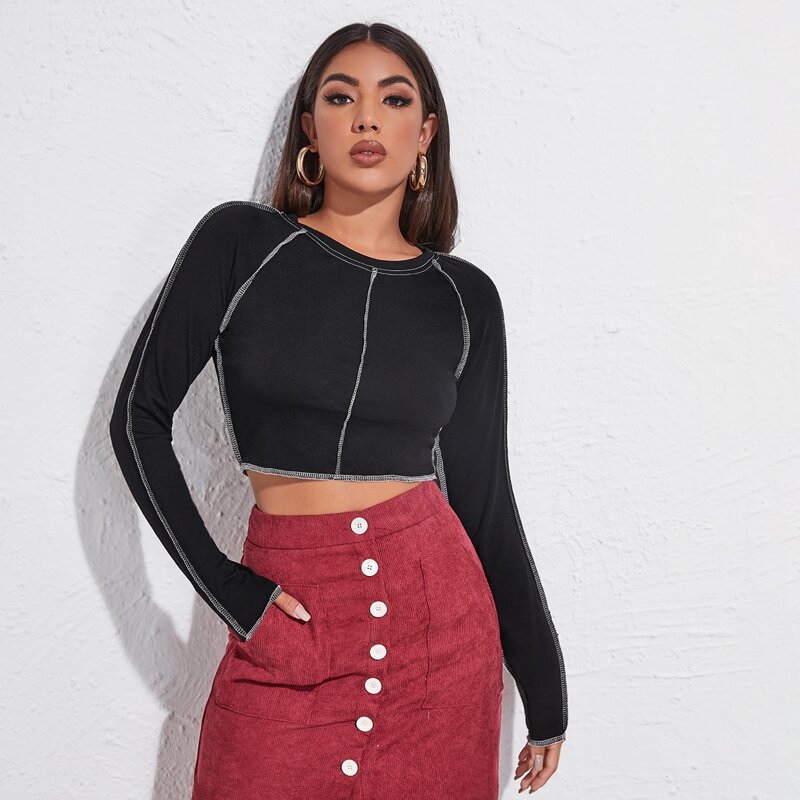 

Stitch Trim Raglan Sleeve Slim Crop Tee, Black