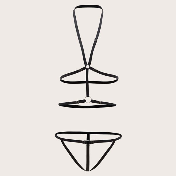 

Cut-out Ring Linked Halter Lingerie Set, Black