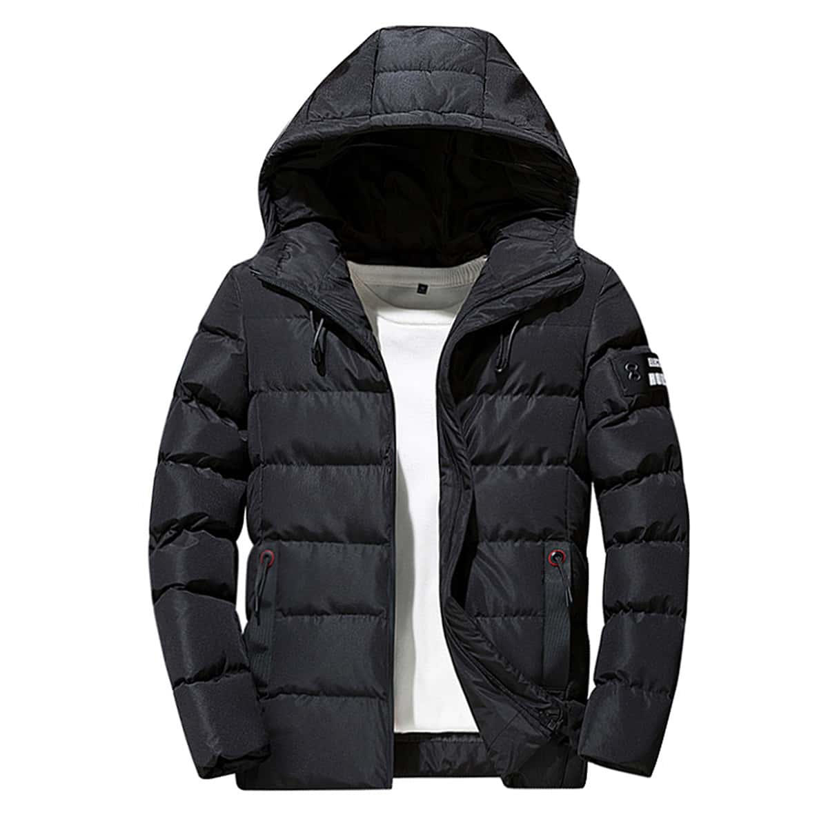 

Guys Patched Zip Up Drawstring Hooded Padded Coat, Black