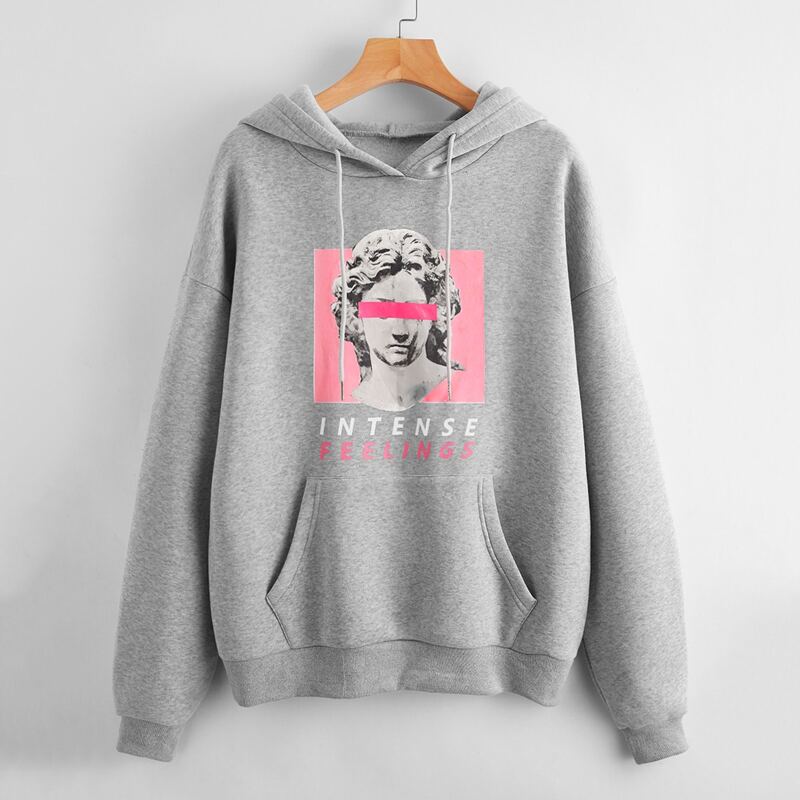 

Figure & Letter Graphic Hoodie, Grey