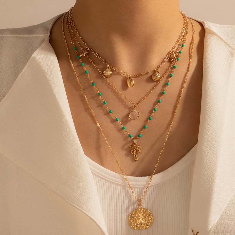 

Shell & Coconut Tree Layered Necklace, Gold