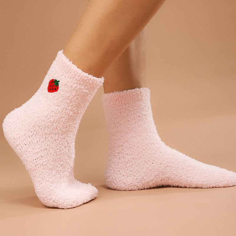 

Strawberry Embroidered Fuzzy Socks, Pink