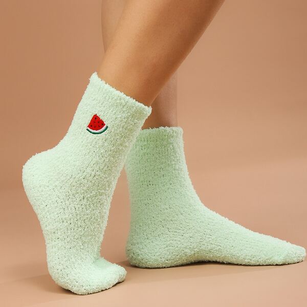 

Watermelon Embroidered Fuzzy Socks, Mint green