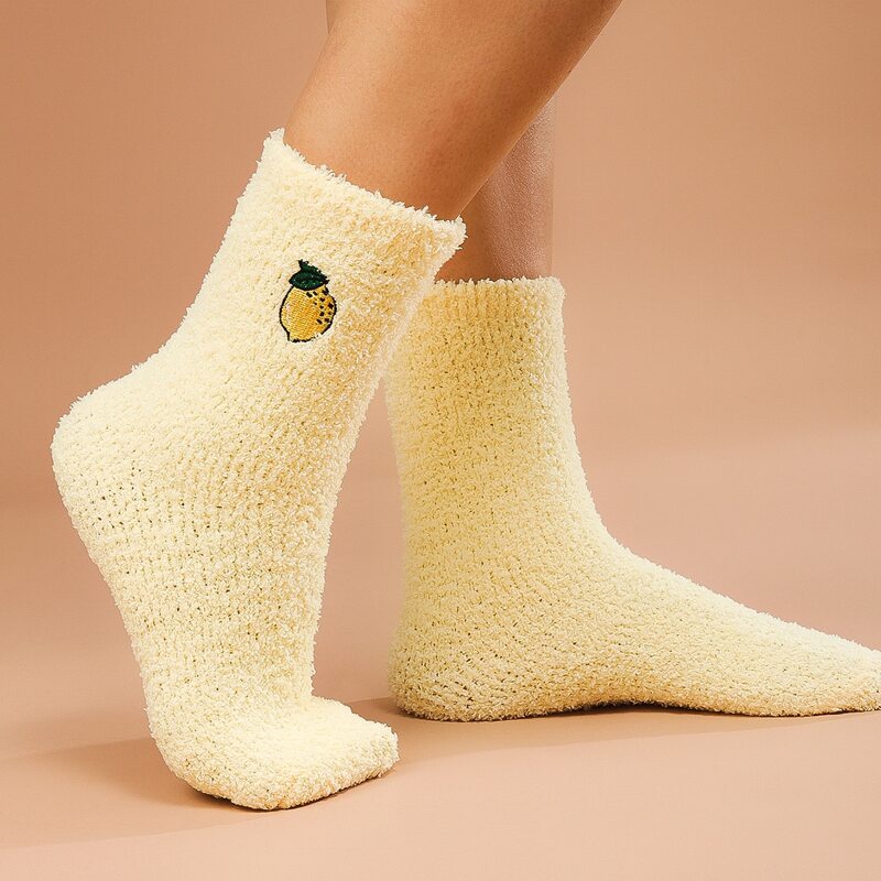 

Fruit Embroidered Fuzzy Socks, Yellow