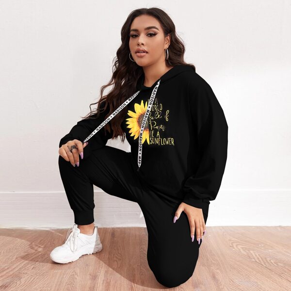 

Plus Letter And Floral Print Hooded Sweatshirt With Sweatpants, Black