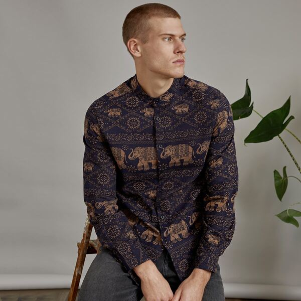 

Men Elephant & Chain Print Button Front Shirt, Multicolor