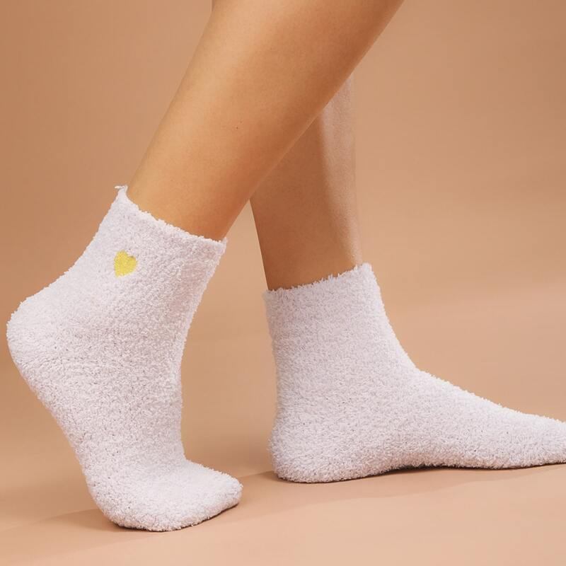 

Heart Embroidered Fuzzy Socks, Grey