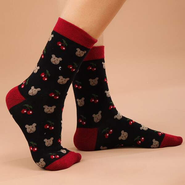 

Bear & Cherry Pattern Socks, Multicolor