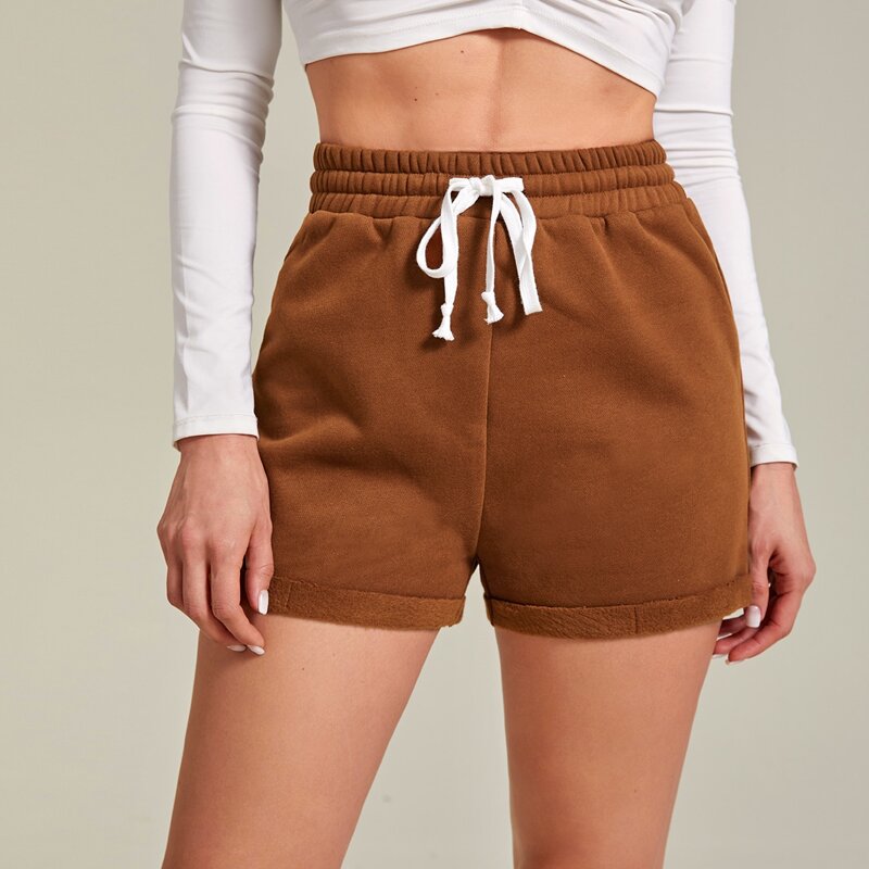 Solid Cuffed Hem Drawstring Shorts, Brown