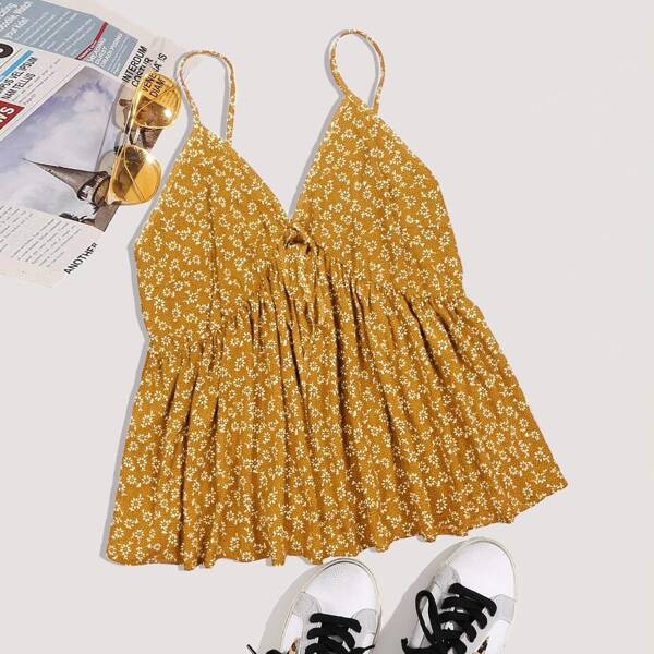 

Plus Ditsy Floral Shirred Chiffon Cami Top, Mustard yellow