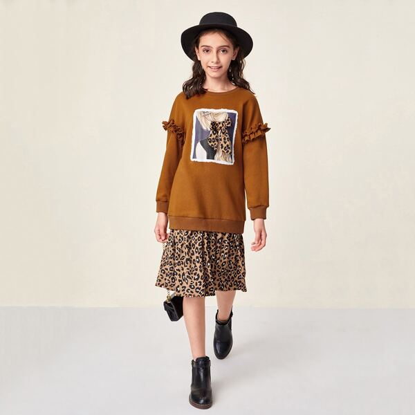 

Girls Leopard Bow Front Frill Trim Figure Graphic Sweatshirt, Brown