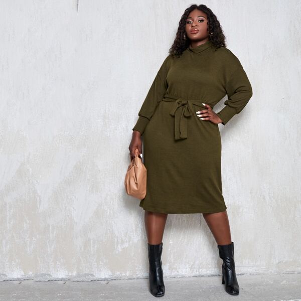 

Plus High Neck Belted Dress, Dark green