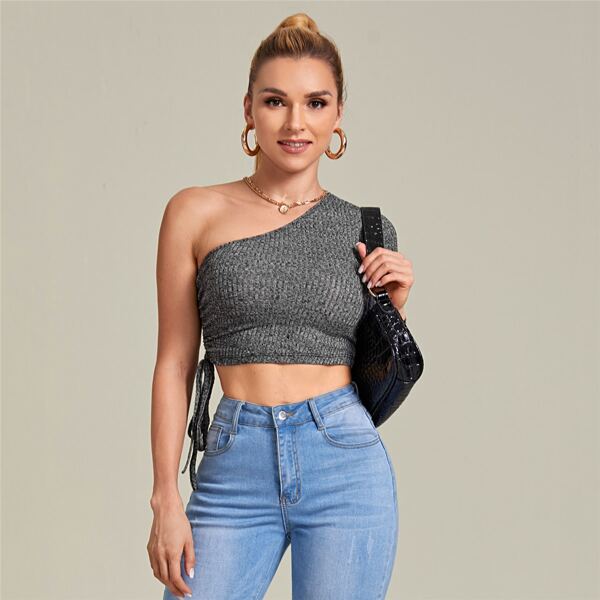 

One Shoulder Drawstring Knot Side Rib-knit Crop Top, Dark grey