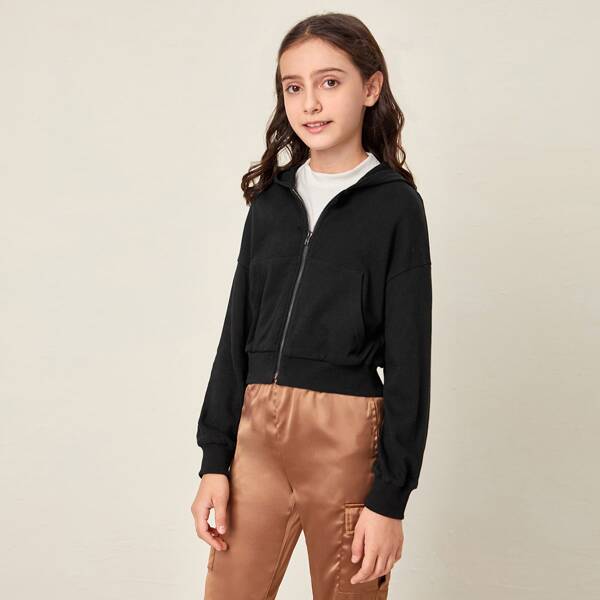 

Girls Drop Shoulder Zipper Placket Hooded Sweatshirt, Black